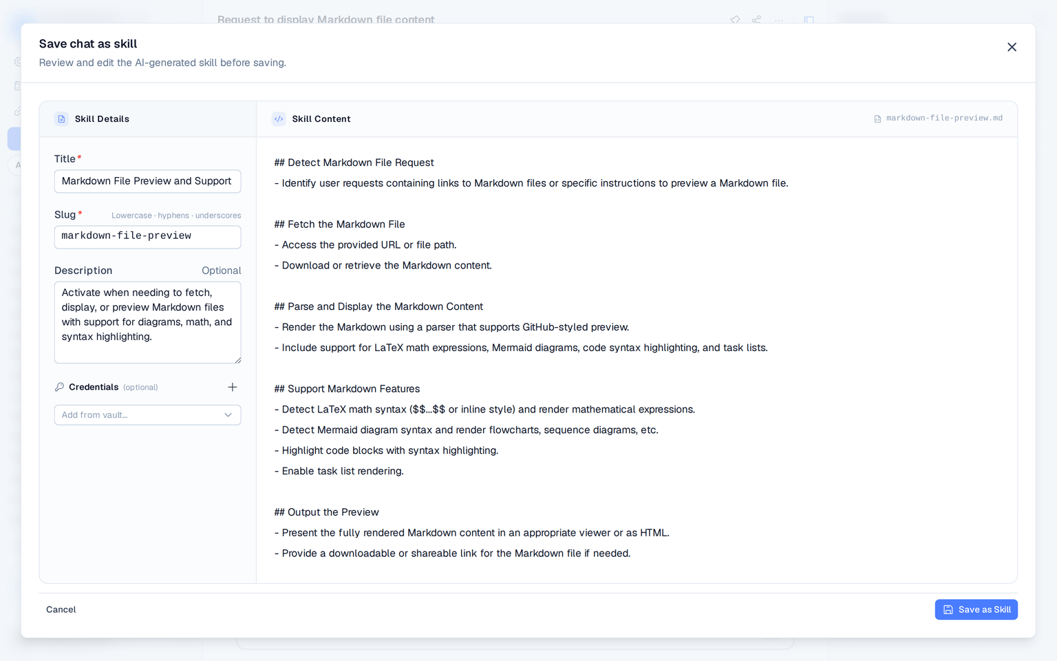 the "Save chat as skill" editor generated from a conversation, with skill details on the left and the Markdown content on the right