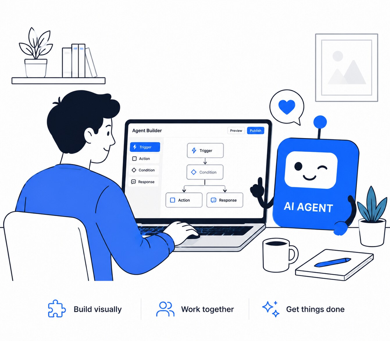 A person building an AI agent with a friendly assistant character in a visual no code builder