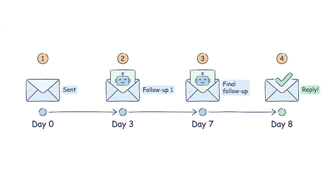Follow-up timeline: Day 0 email sent, Day 3 the agent sends follow-up 1, Day 7 the agent sends a final follow-up, Day 8 the recipient replies — zero dropped leads