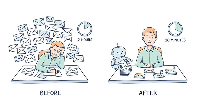 Before and after lead qualification: a founder buried in emails spending 2 hours sorting leads manually, versus the same founder calmly reviewing a pre-qualified list in 20 minutes with an AI agent handling the triage