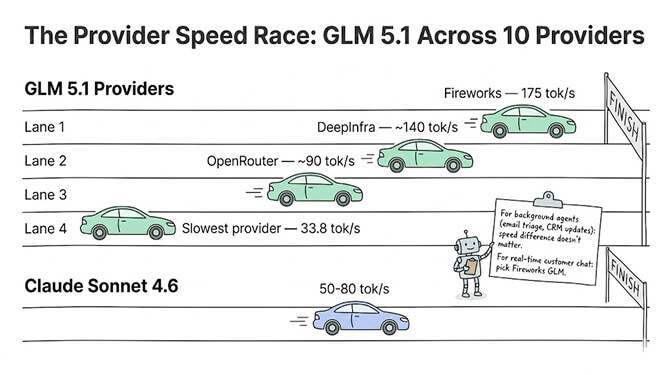 The provider speed race: the same model runs at very different speeds across hosting providers, hand-drawn pastel style