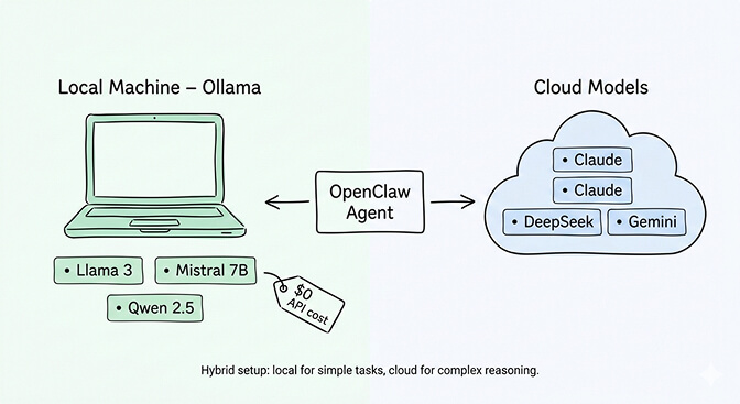 Ollama local model setup showing zero API cost with hardware requirements for different model sizes