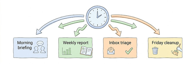 Four common Claude Cowork scheduled tasks: morning briefing, weekly report, inbox triage, Friday cleanup, with a clock in the center