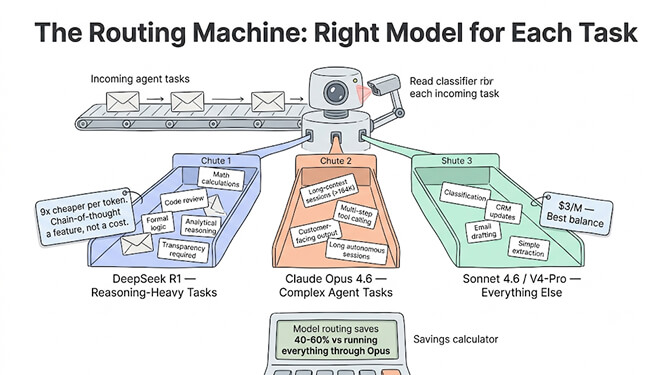 The routing machine, the right model for each task: reasoning-heavy work (math, code analysis, formal logic) routes to DeepSeek R1, while everything else (classification, drafting, tool calling, customer-facing) routes to Opus 4.6 or Sonnet 4.6