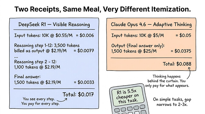 Two receipts, same meal, very different itemization: DeepSeek R1 lists every reasoning step as a billed output line item, while Claude Opus 4.6 hides the reasoning and bills only the final answer — same task, different token accounting