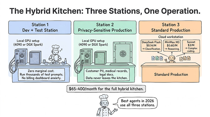The hybrid kitchen, three stations one operation: local GPU for dev and test, local inference for privacy-sensitive production, and cloud API for standard production, hand-drawn pastel style