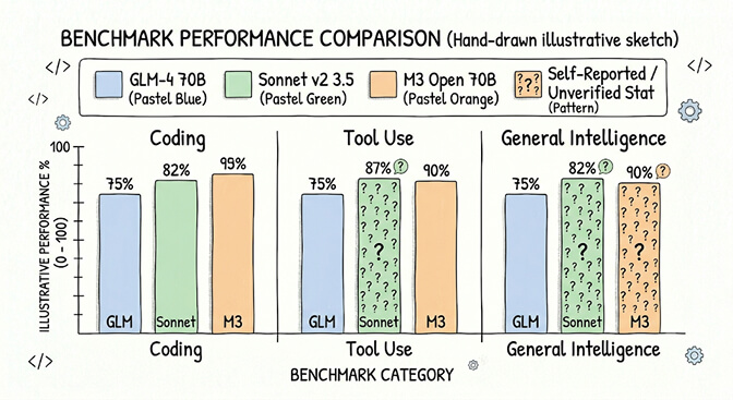 Benchmark performance comparison bars for GLM, Sonnet, and M3 across coding, tool use, and general intelligence, hand-drawn pastel style