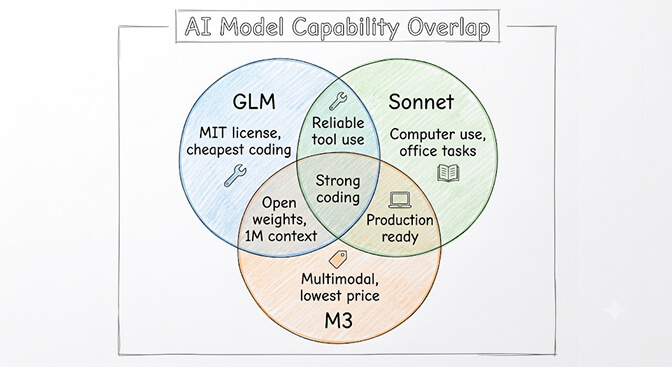 AI model capability overlap Venn diagram: GLM (MIT license, cheapest coding), Sonnet (computer use, office tasks), M3 (multimodal, lowest price), all sharing strong coding, hand-drawn pastel style