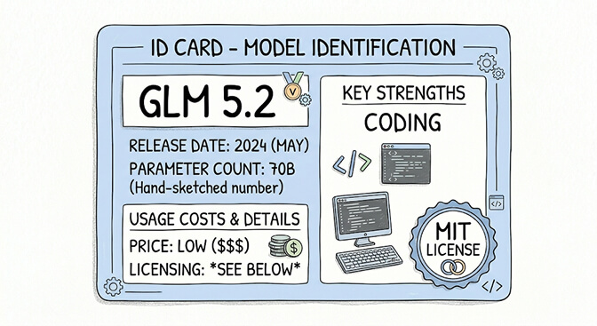 GLM 5.2 ID card: release date, 744B parameter count, low price, MIT license, and coding as the key strength, hand-drawn pastel style