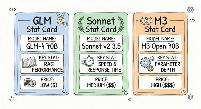 GLM, Sonnet, and M3 stat cards side by side showing model name, key stat, and price tier for each, hand-drawn pastel style