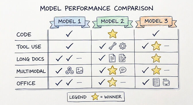 Model performance comparison table marking the winner across code, tool use, long docs, multimodal, and office tasks, hand-drawn pastel style