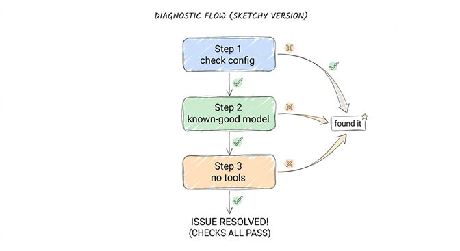 Diagnostic flow: Step 1 check config, Step 2 test a known-good model, Step 3 run with no tools — at each step a pass narrows the cause and a clean run through all three means the issue is resolved