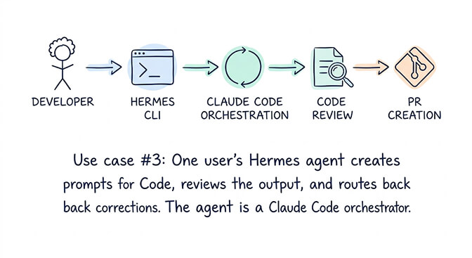 Use case #3: Hermes agent acts as a Claude Code orchestrator, creating prompts and reviewing the output