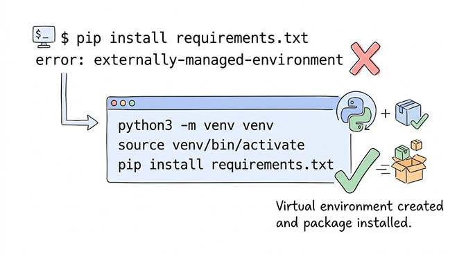 Side-by-side fix for the externally-managed-environment error: the failed pip install requirements.txt on the left, and the working python3 -m venv venv && source venv/bin/activate && pip install flow on the right, resulting in a clean virtual environment
