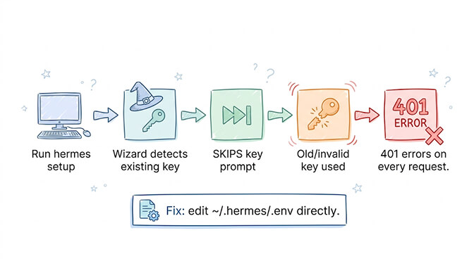 Flow diagram of the hermes setup wizard silently skipping the API key prompt — provider and model selection succeed, then the wizard detects an existing key in ~/.hermes/.env and skips replacement, leaving the stale key in place