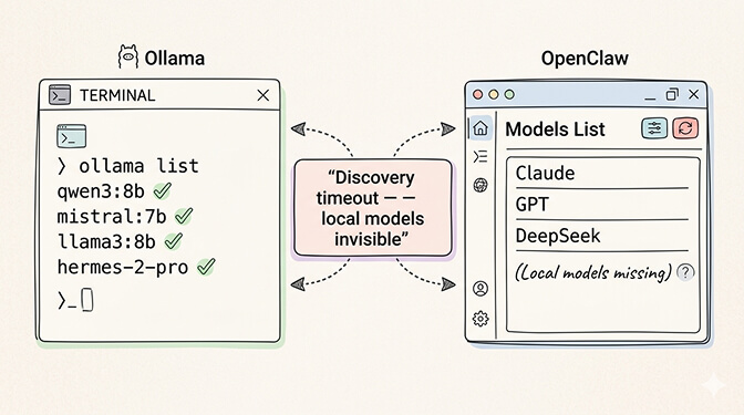 OpenClaw model list showing only cloud providers while Ollama terminal shows five loaded local models