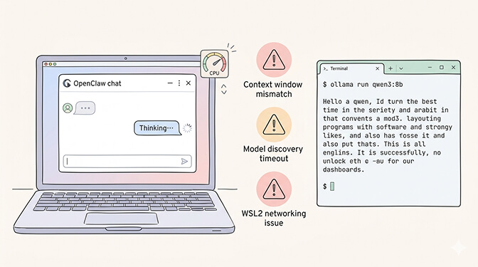 OpenClaw dashboard showing no response with typing indicator spinning while Ollama terminal works normally