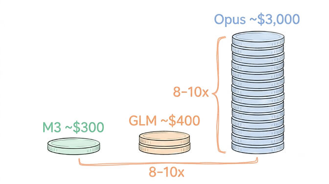 Monthly cost stacks: Opus around $3,000, GLM around $400, and M3 around $300, illustrating the 8-10x gap, hand-drawn pastel style