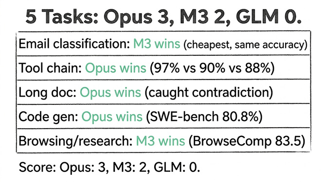 Five-task scoreboard: Opus wins 3, M3 wins 2, GLM wins 0 — email classification to M3, tool chain to Opus, long docs to Opus, code gen to Opus, browsing to M3, hand-drawn pastel style