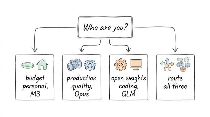 Who are you? Budget personal goes to M3, production quality to Opus, open-weight coding to GLM, or route all three, hand-drawn pastel style