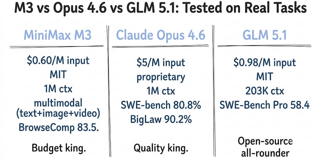 MiniMax M3 vs Claude Opus 4.6 vs GLM 5.1: Tested on Real Agent Tasks