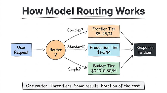 How model routing works: a user request hits a router, which sends complex requests to the Frontier Tier ($5-25/M), standard requests to the Production Tier ($1-3/M), and simple requests to the Budget Tier ($0.10-0.50/M), all returning a response to the user. One router. Three tiers. Same results. Fraction of the cost