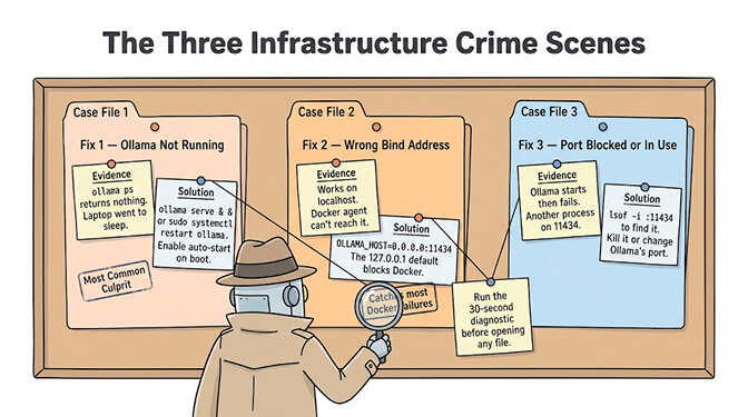 Three infrastructure crime scenes: Fix 1 Ollama not running, Fix 2 wrong bind address, Fix 3 port blocked or in use, hand-drawn pastel style
