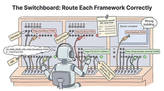 The switchboard: routing Hermes, OpenClaw, and n8n to the right Ollama URL, with host.docker.internal for Docker and /v1 for OpenAI-compatible endpoints, hand-drawn pastel style