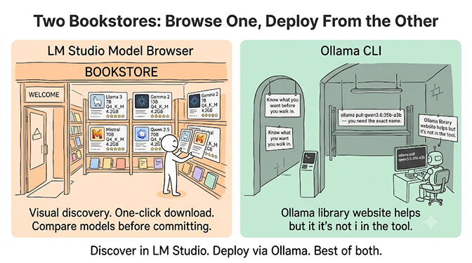 Two bookstores, browse one and deploy from the other: LM Studio is the visual model browser for discovery and one-click downloads, while Ollama is the CLI you pull the exact model name on to deploy