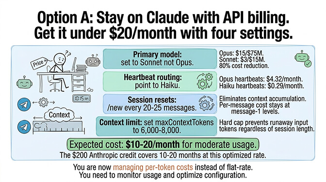 Option A: stay on Claude with API billing. Get it under $20/month with four settings.
