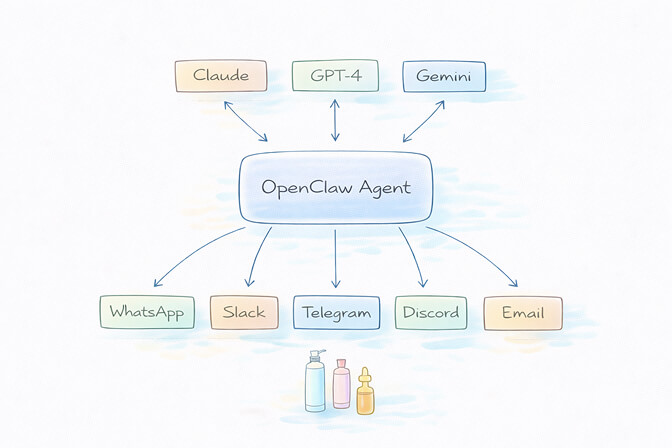 OpenClaw AI agent connecting to ecommerce tools like Shopify, Meta Ads, Klaviyo, and messaging platforms through a single interface