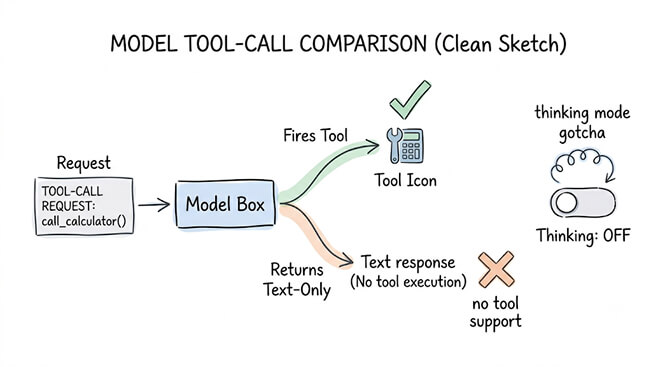 Model tool-call comparison: the model either fires the tool or returns text-only with no tool support, with a thinking-mode-off gotcha, hand-drawn pastel style