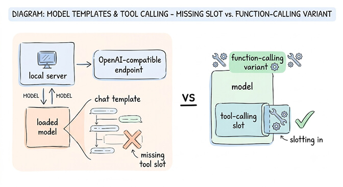 Model templates and tool calling: a loaded model with a missing tool slot versus a function-calling variant that slots tools in, hand-drawn pastel style