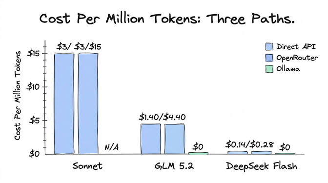 Cost per million tokens across three paths — Direct API, OpenRouter, and Ollama — for Sonnet, GLM 5.2, and DeepSeek Flash, hand-drawn pastel style