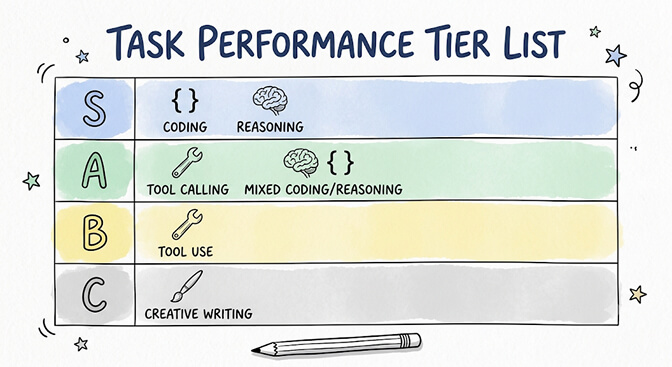 Task performance tier list placing coding and reasoning in S tier, tool calling in A tier, tool use in B tier, and creative writing in C tier, hand-drawn pastel style