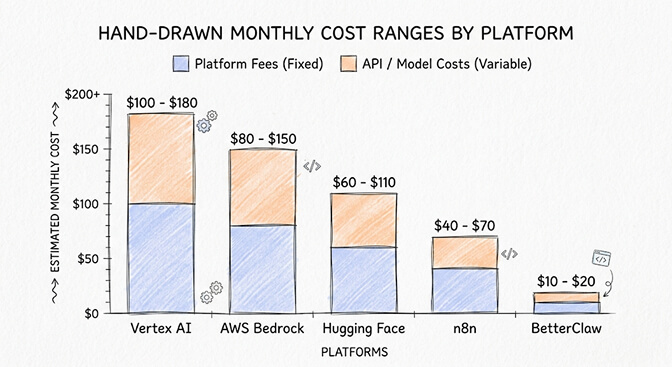Hand-drawn monthly cost ranges by platform: Vertex AI highest, then AWS Bedrock, Hugging Face, n8n, and BetterClaw lowest, split into platform fees and API costs, hand-drawn pastel style