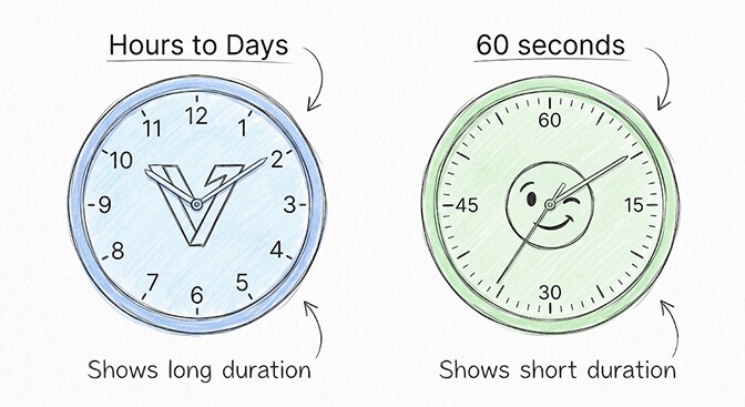 Two clocks contrasting a Vertex setup that takes hours to days with a 60-second BetterClaw setup, hand-drawn pastel style