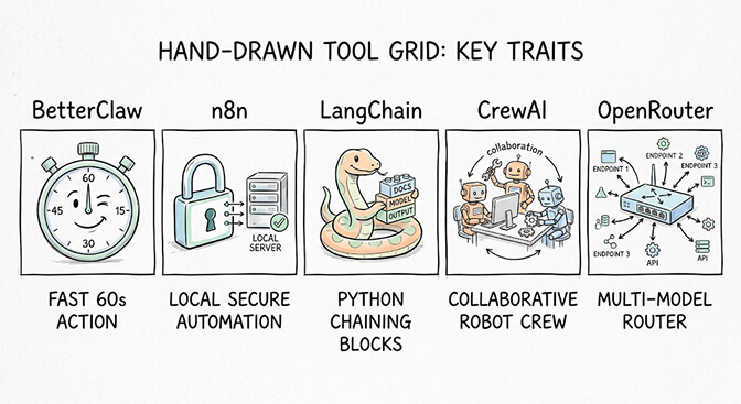 Tool grid of the five alternatives: BetterClaw fast 60s action, n8n local secure automation, LangChain Python chaining, CrewAI collaborative crew, and OpenRouter multi-model router, hand-drawn pastel style