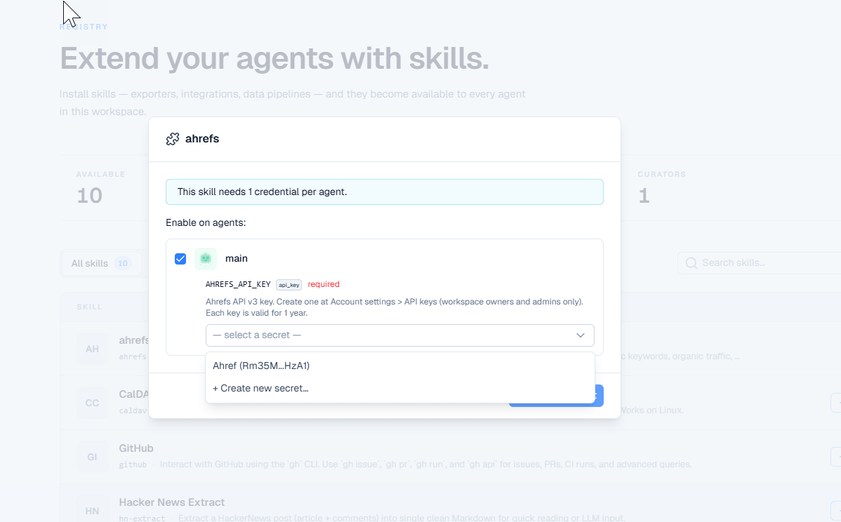 Skill configuration panel with the agent enabled and a credential selected from the dropdown