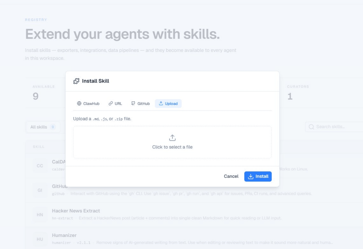 Custom skill in the BetterClaw Skill Registry marked with an UPLOAD badge