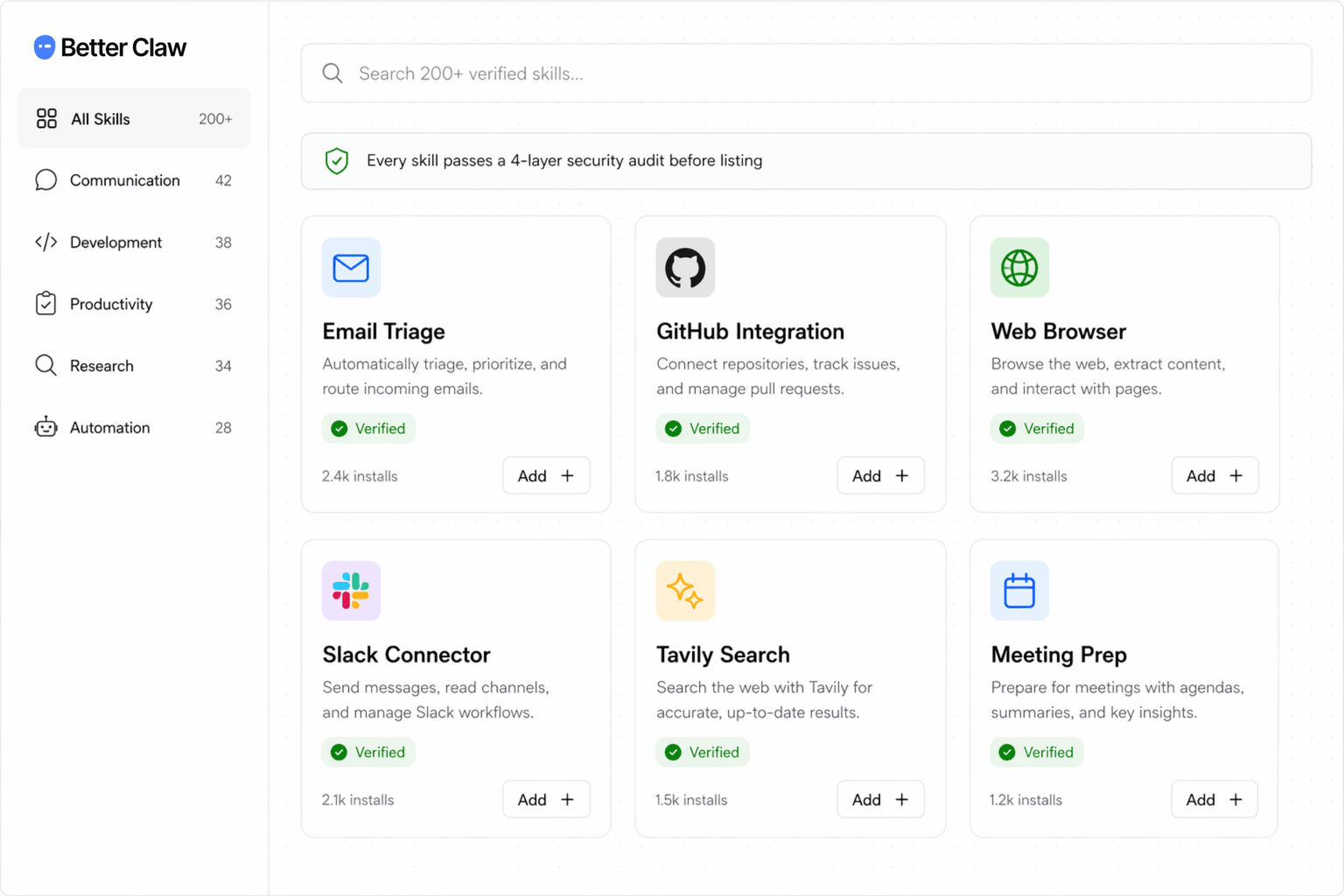BetterClaw skills marketplace listing installable agent skills with their security-audit status