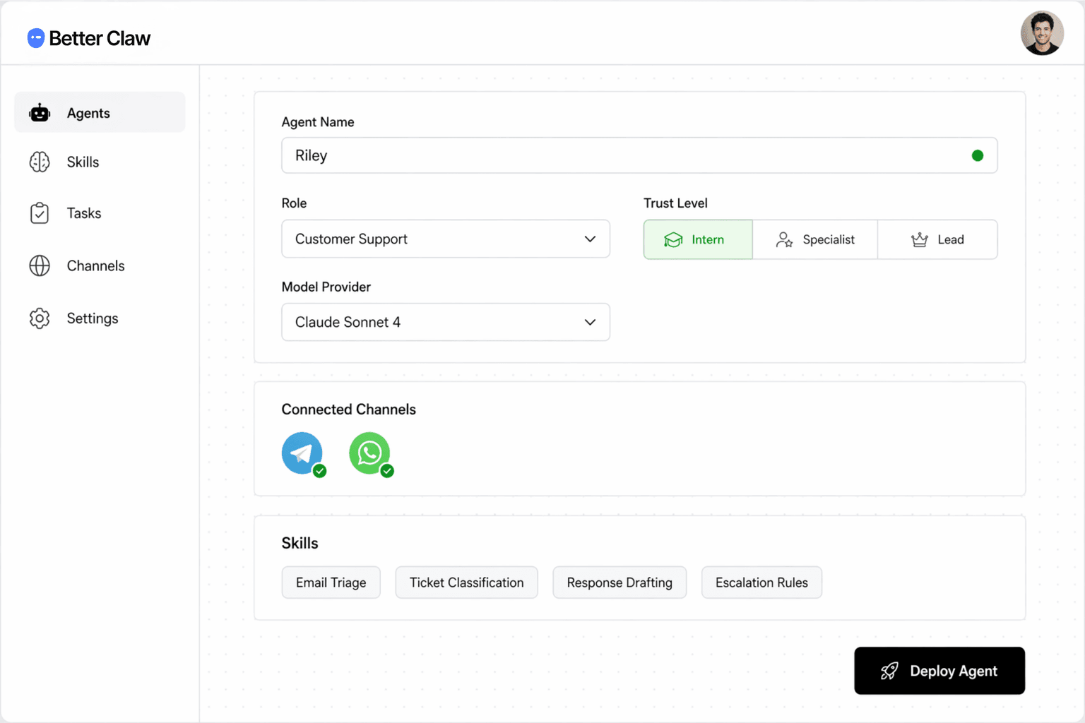 BetterClaw visual AI agent builder showing agent name, role, trust level, and connected channels