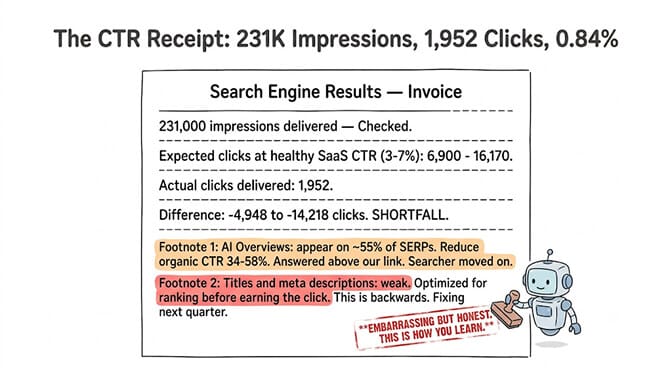 The CTR receipt: a search-results mockup showing 231K impressions, 1,952 clicks, and a 0.84% CTR, with weak titles and meta descriptions flagged as the fixable problem behind the gap