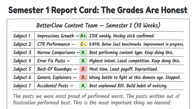 Semester 1 report card, the honest grades by content type: narrow comparisons and exact error-fix posts score high, while best-of roundups and generic explainers underperform for a two-person team competing against domains with years of authority