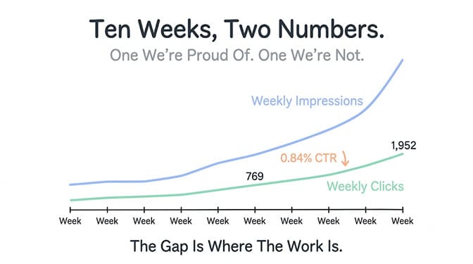 Ten weeks, two numbers: a line chart showing impressions climbing steeply to 231K per week while clicks stay nearly flat near 1,952, the widening gap that is the click-through-rate problem and where the real work is