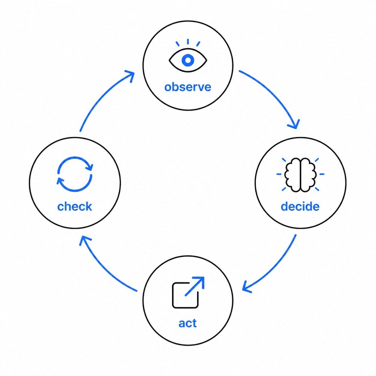 Circular agentic loop diagram showing the observe, decide, act, and check stages