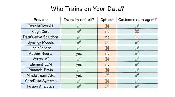Who trains on your data: a table of providers marking whether each trains by default, offers an opt-out, and is suitable for a customer-data agent