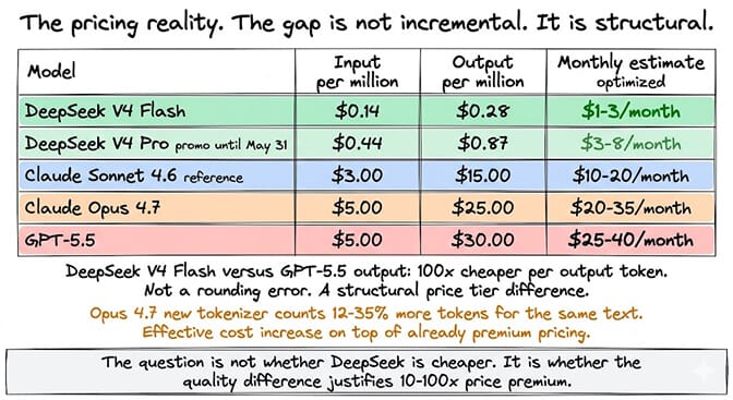 Pricing comparison table for DeepSeek V4 Flash, V4 Pro promo, Claude Sonnet 4.6, Claude Opus 4.7, and GPT-5.5 with input, output, and monthly estimate columns
