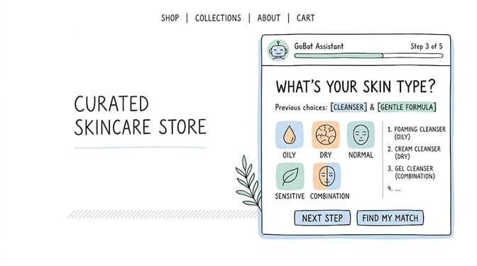 A curated skincare storefront with the GoBot Assistant panel open on step 3 of 5, asking "What's your skin type?" with oily, dry, normal, sensitive, and combination choices.