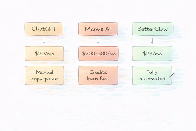 Comparison of ChatGPT, Claude, and Manus AI limitations versus a full AI agent for ecommerce workflows
